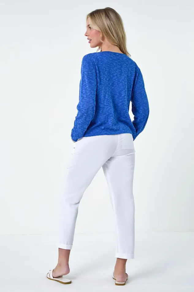 Women Royal Blue Petite Waterfall Front Cotton Knit Cardigan Roman Knitwear
