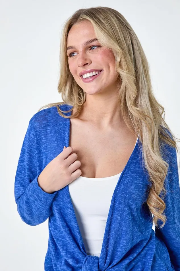 Women Royal Blue Petite Waterfall Front Cotton Knit Cardigan Roman Knitwear