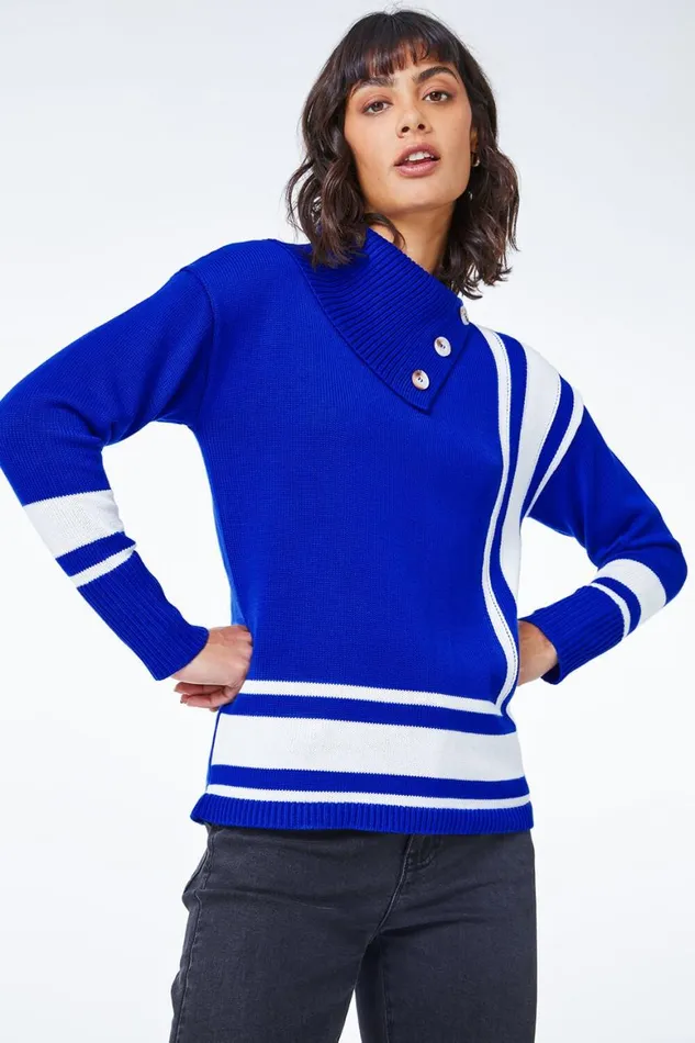 Women Royal Blue Textured Knit Button Detail Stripe Jumper Roman Knitwear