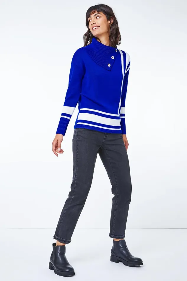 Women Royal Blue Textured Knit Button Detail Stripe Jumper Roman Knitwear