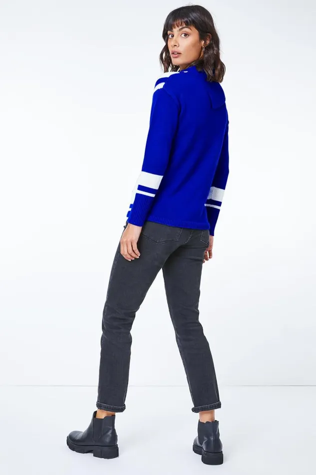 Women Royal Blue Textured Knit Button Detail Stripe Jumper Roman Knitwear