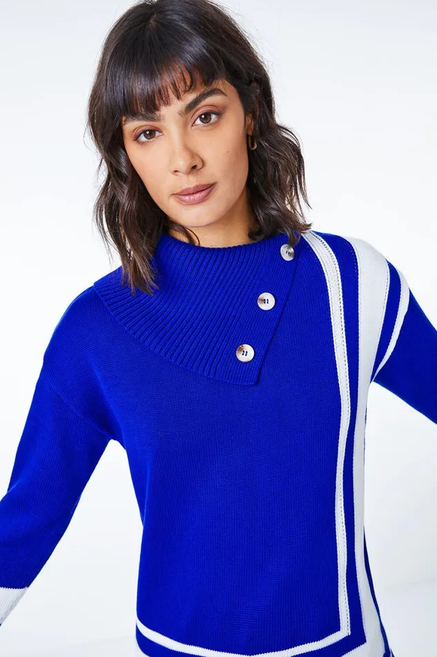 Women Royal Blue Textured Knit Button Detail Stripe Jumper Roman Knitwear