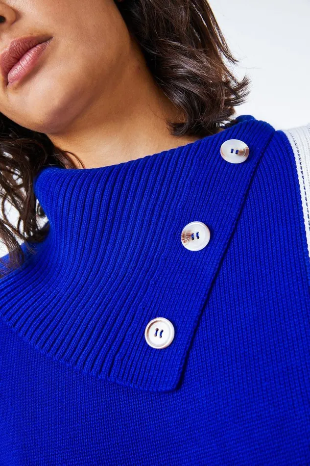 Women Royal Blue Textured Knit Button Detail Stripe Jumper Roman Knitwear