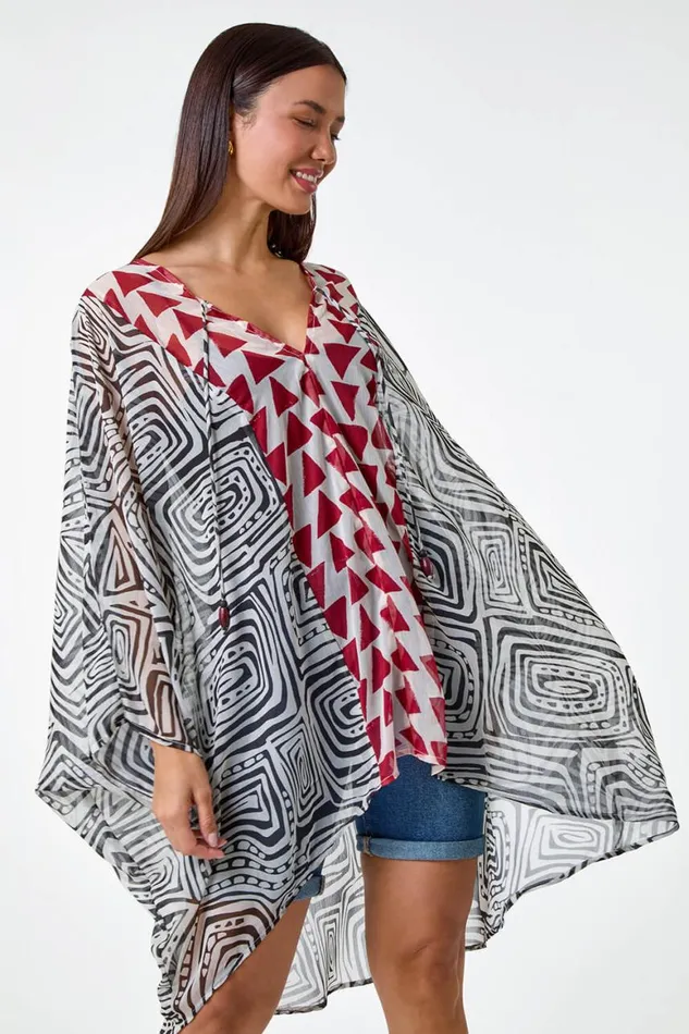 Women Rust Geometric Print Tie Detail Kaftan Roman Tops