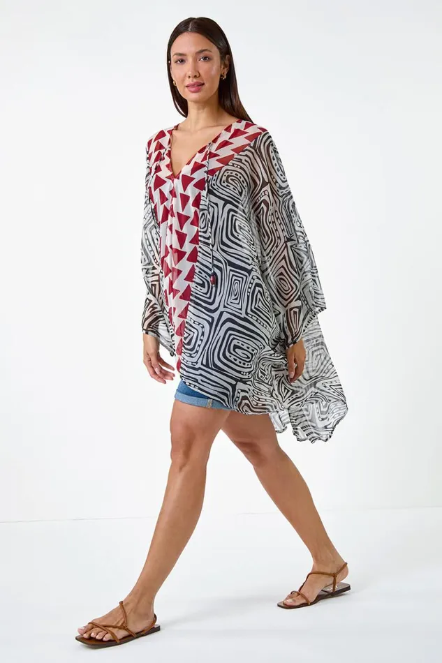 Women Rust Geometric Print Tie Detail Kaftan Roman Tops