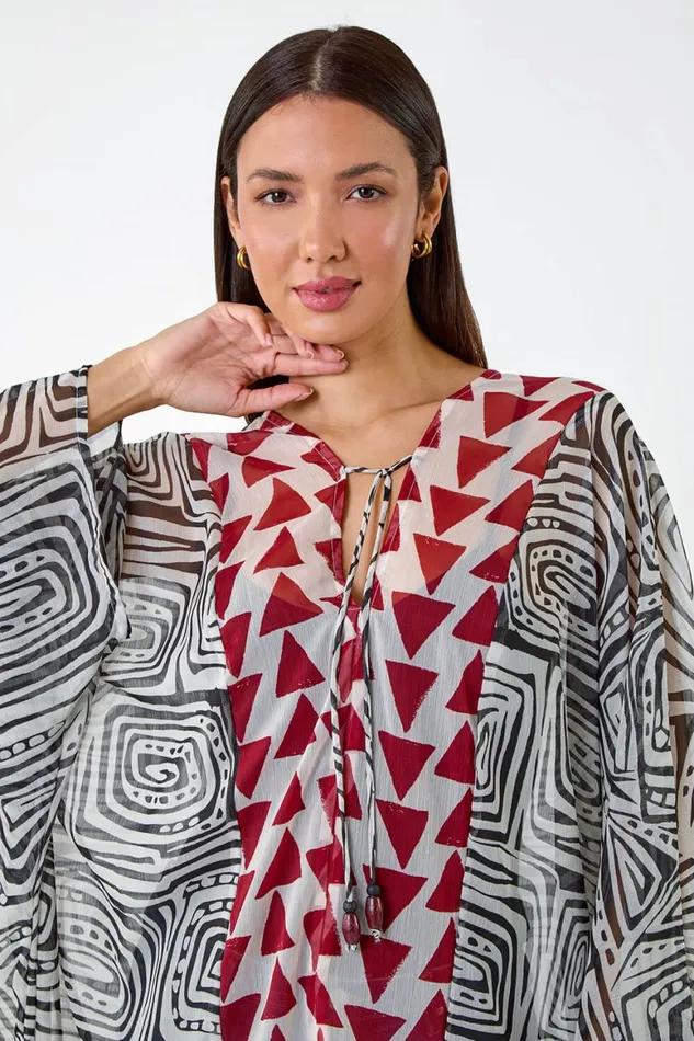 Women Rust Geometric Print Tie Detail Kaftan Roman Tops