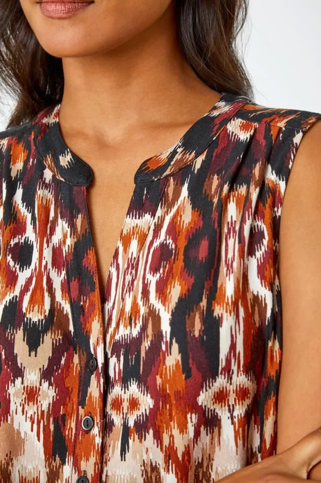 Women Rust Sleeveless VNeck Aztec Print Stretch Top Roman Tops
