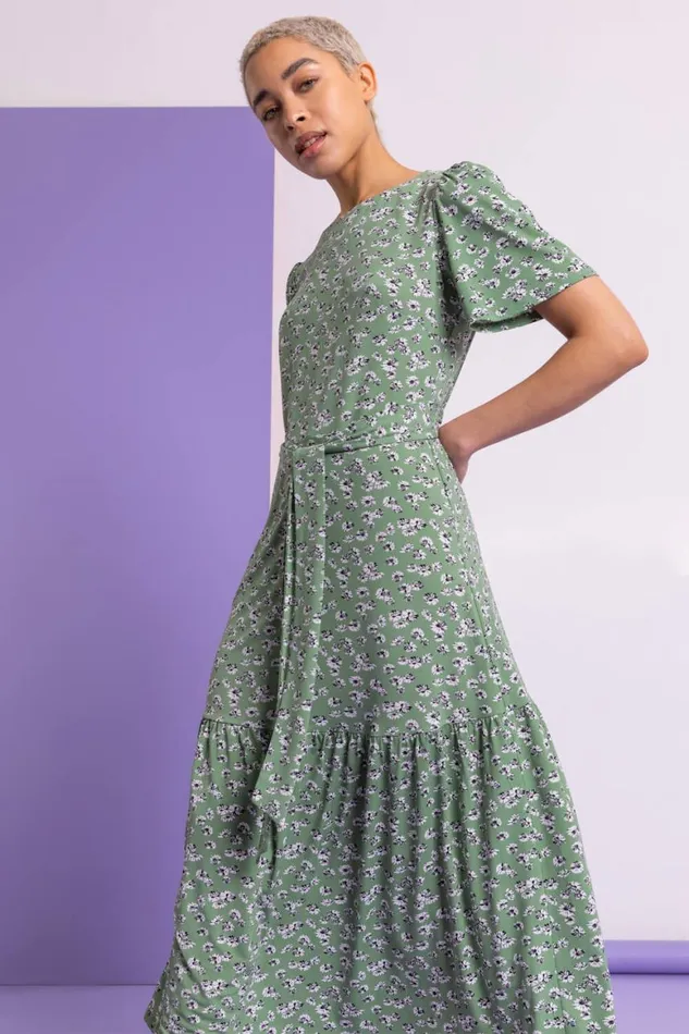 Women Sage Ditsy Daisy Print Belted Dress Roman Dresses