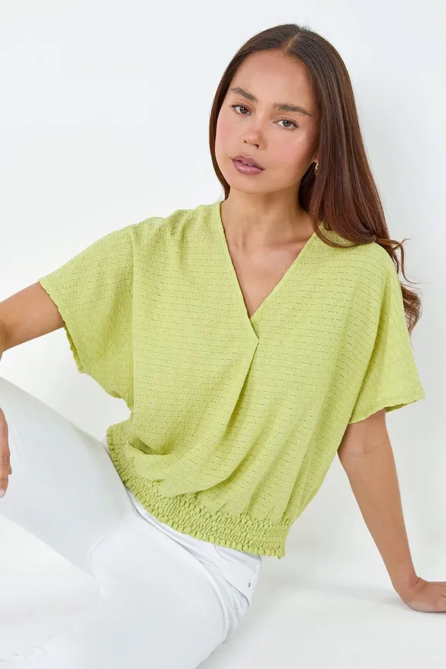Women Sage Petite Textured Shirred VNeck Stretch Top Roman Tops