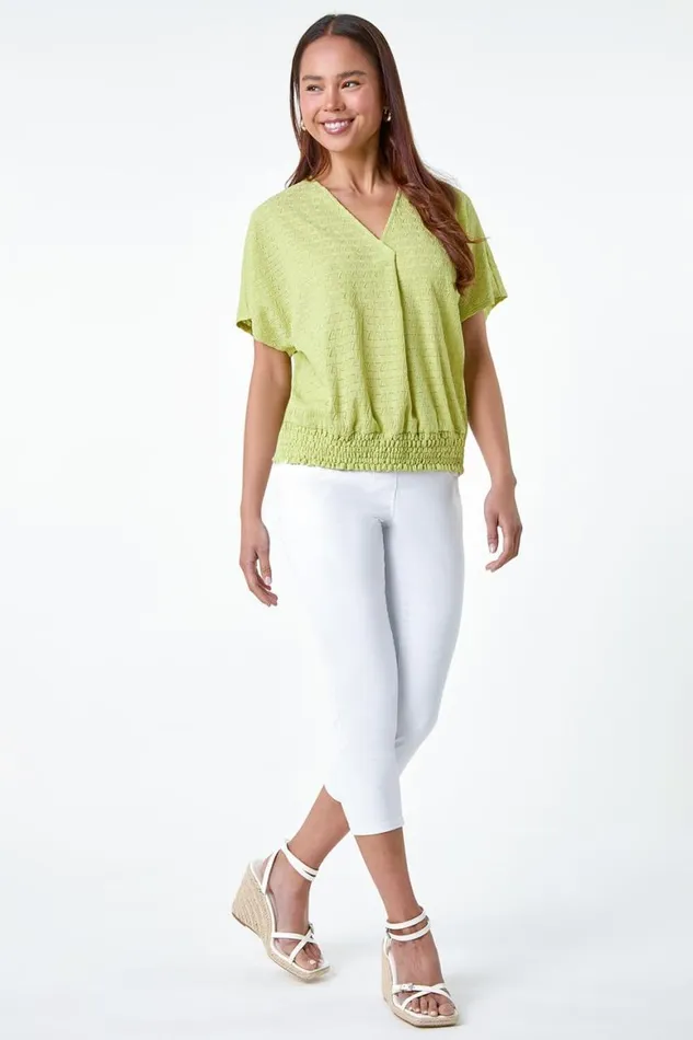Women Sage Petite Textured Shirred VNeck Stretch Top Roman Tops