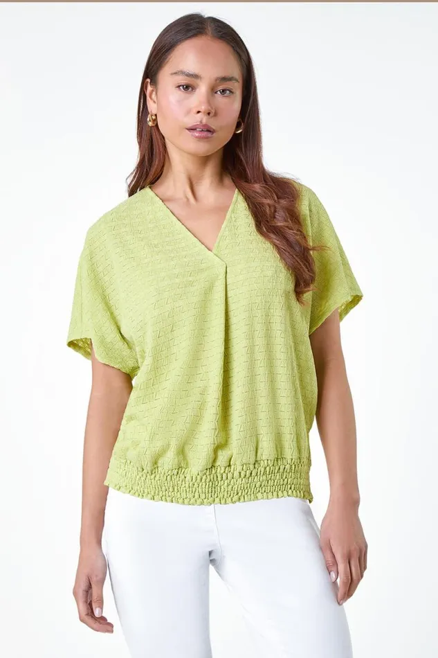 Women Sage Petite Textured Shirred VNeck Stretch Top Roman Tops
