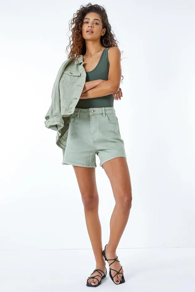 Women Sage Washed Denim Stretch Shorts Roman Shorts