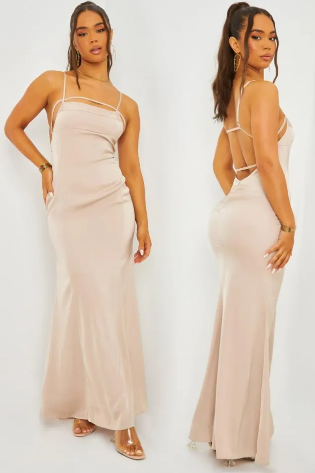 Women Satin Cami Maxi Dress With Open Back In Beige Beige Brentiny Paris Satin Dresses