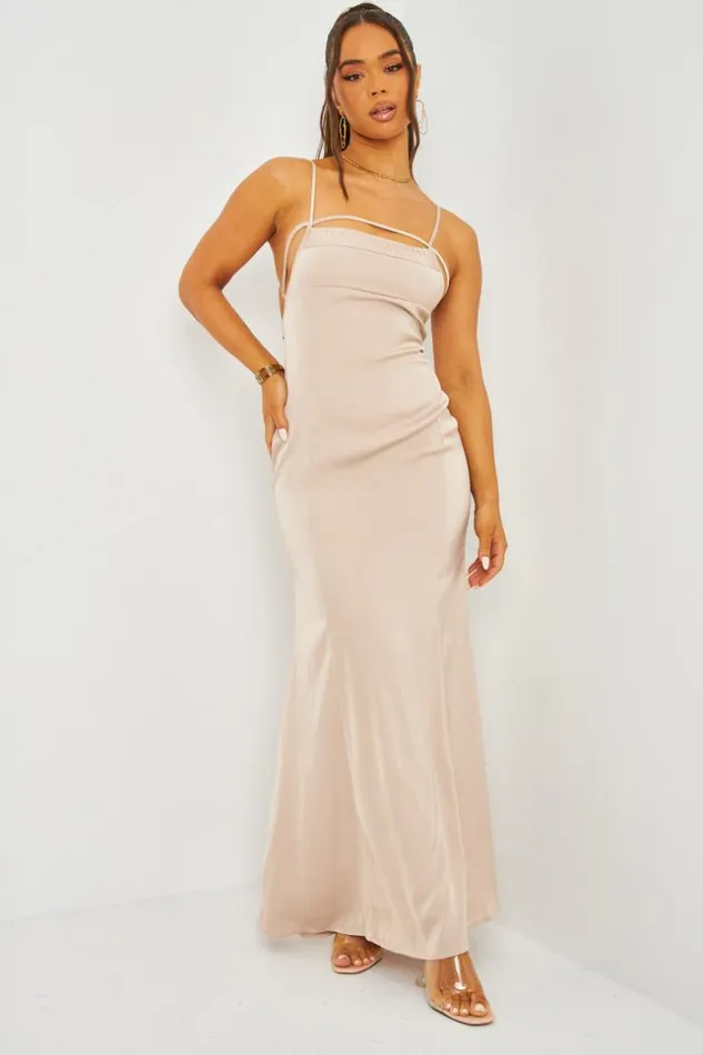 Women Satin Cami Maxi Dress With Open Back In Beige Beige Brentiny Paris Satin Dresses