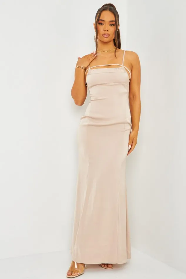 Women Satin Cami Maxi Dress With Open Back In Beige Beige Brentiny Paris Satin Dresses