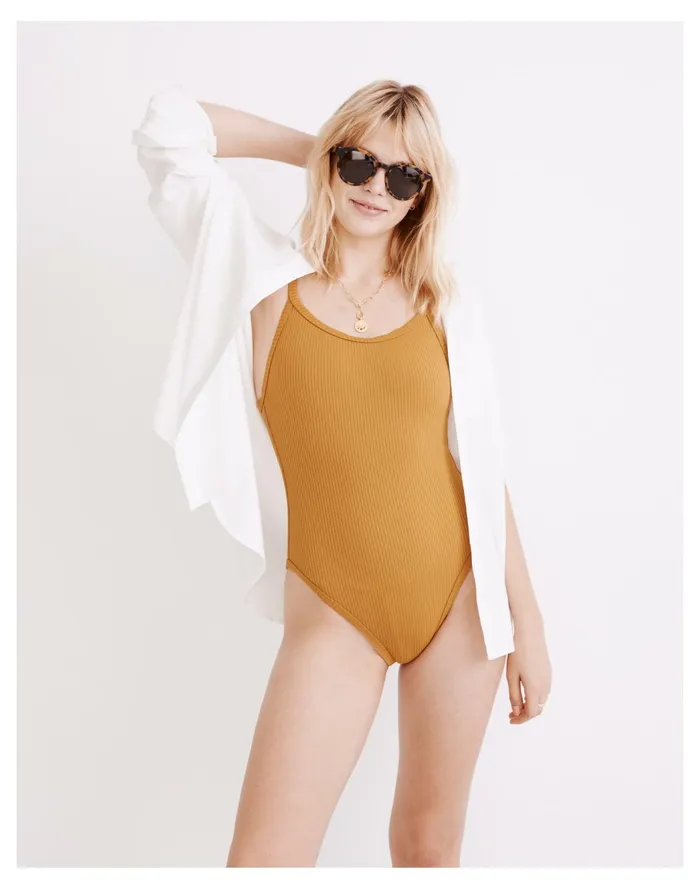 Women Second Wave Ribbed Cami One Piece Swimsuit Antique Gold Madewell Swim