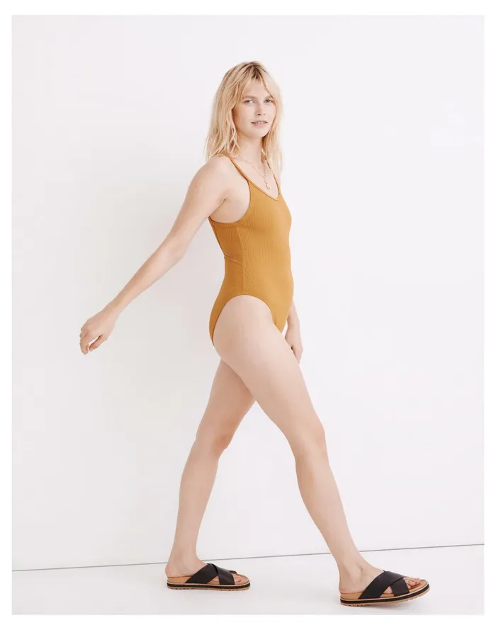 Women Second Wave Ribbed Cami One Piece Swimsuit Antique Gold Madewell Swim Women Second Wave Ribbed Cami One Piece Swimsuit Antique Gold Madewell Swim