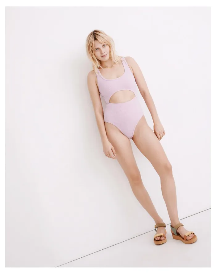 Women Second Wave Ribbed Racerback Cutout One Piece Swimsuit Lavender Mist Madewell Swim Women Second Wave Ribbed Racerback Cutout One Piece Swimsuit Lavender Mist Madewell Swim