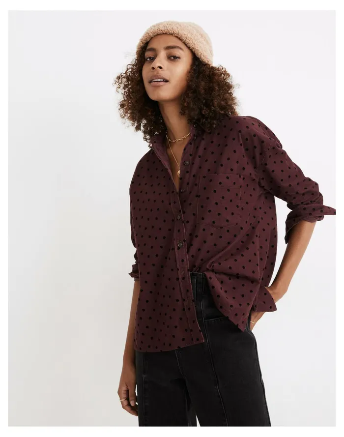 Women Shirred Corduroy Westlake Shirt In Oval Dot Dark Fig Madewell Tops and Shirts