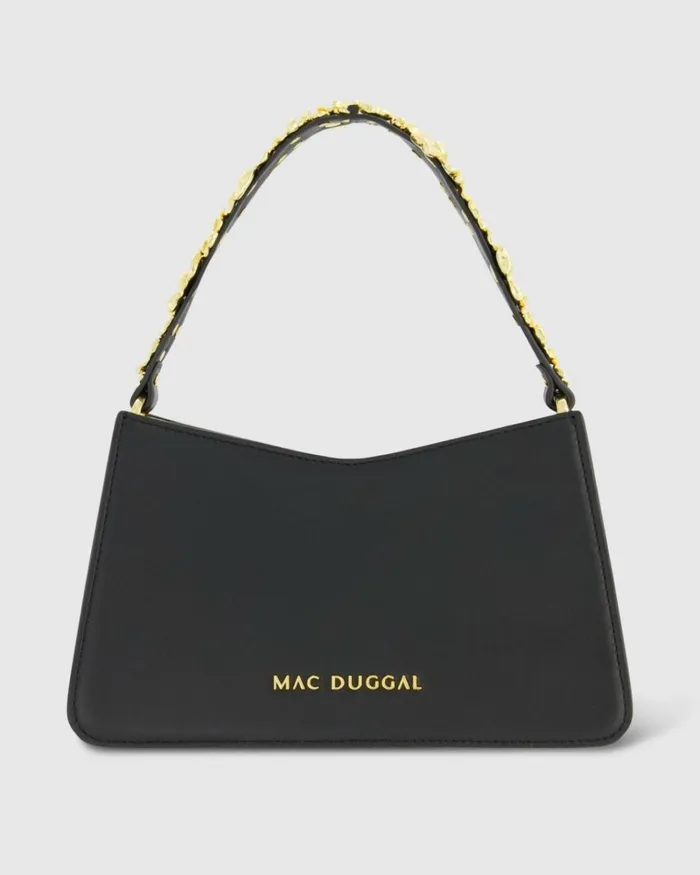 Women Shoulder Bags Mac Duggal Gold Floral Small Black Nappa Leather Shoulder Bag Black