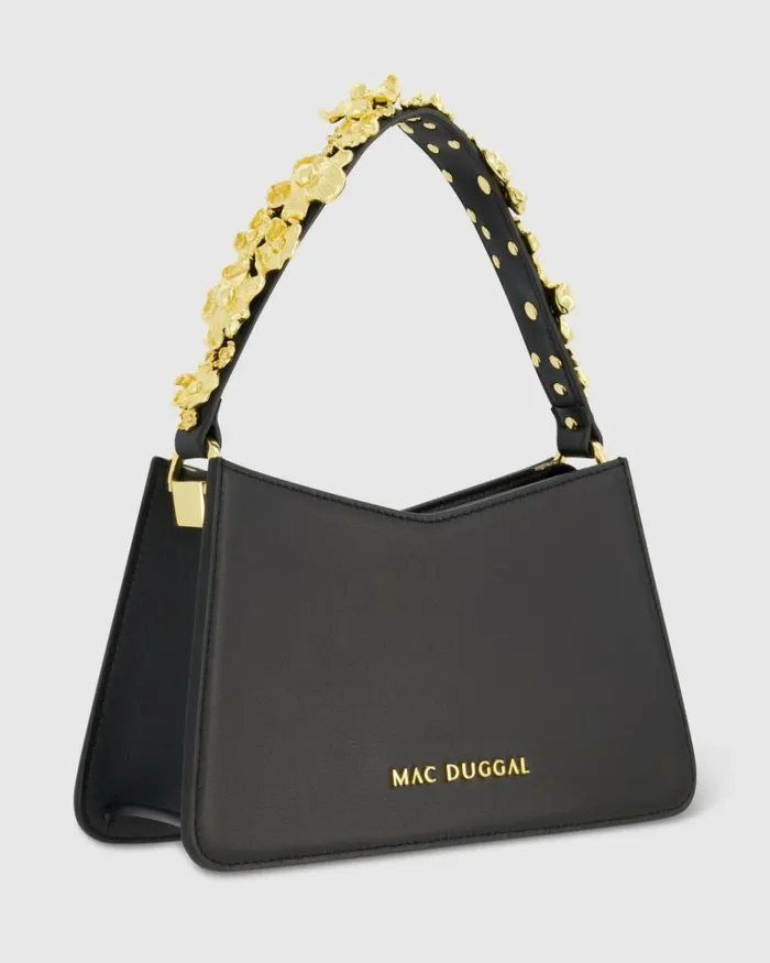 Women Shoulder Bags Mac Duggal Gold Floral Small Black Nappa Leather Shoulder Bag Black