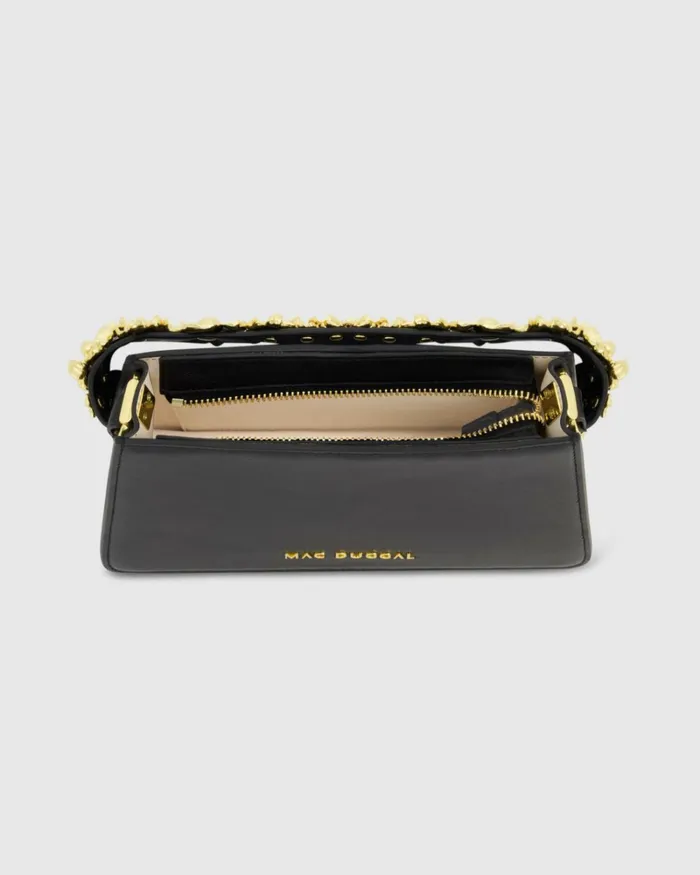 Women Shoulder Bags Mac Duggal Gold Floral Small Black Nappa Leather Shoulder Bag Black