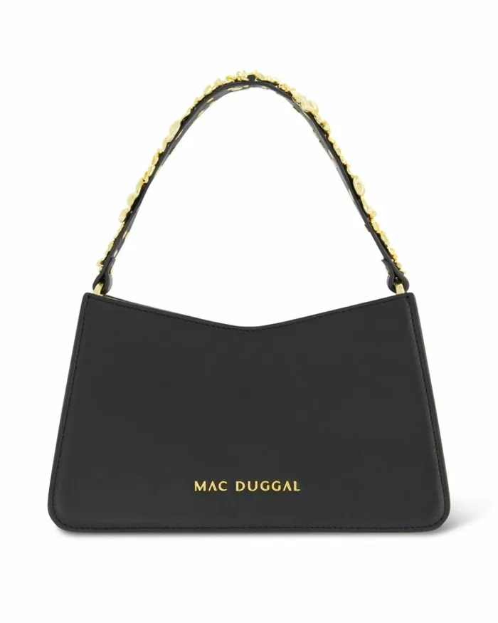 Women Shoulder Bags Mac Duggal Gold Floral Small Black Nappa Leather Shoulder Bag Black