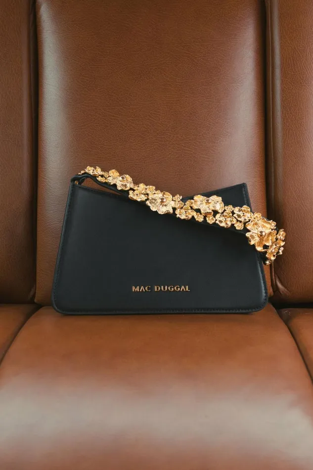 Women Shoulder Bags Mac Duggal Gold Floral Small Black Nappa Leather Shoulder Bag Black
