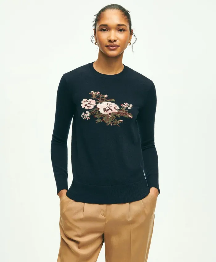 Women Silk Cashmere Floral Intarsia Crewneck Sweater Navy Multi Brooks Brothers Sweaters