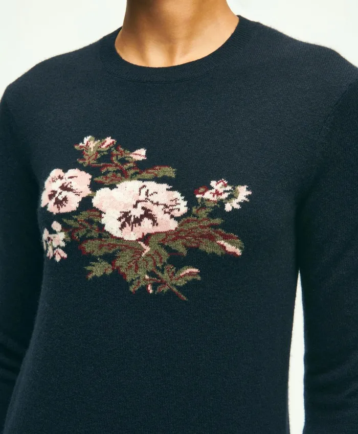 Women Silk Cashmere Floral Intarsia Crewneck Sweater Navy Multi Brooks Brothers Sweaters