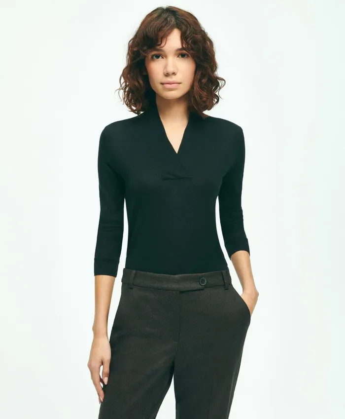 Women SilkCashmere ShawlCollar Sweater Black Brooks Brothers Sweaters