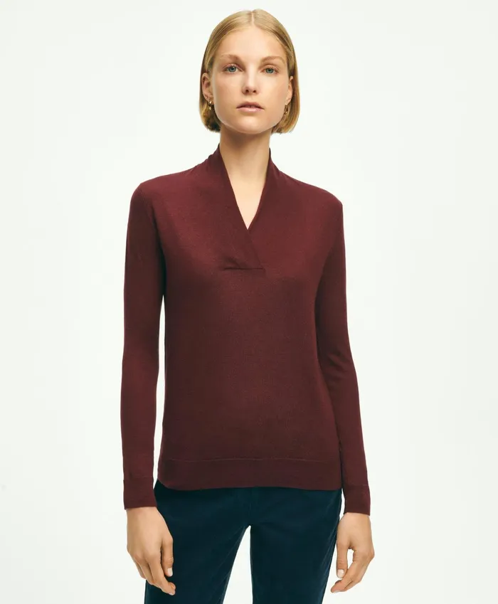Women SilkCashmere ShawlCollar Sweater Burgundy Brooks Brothers Sweaters