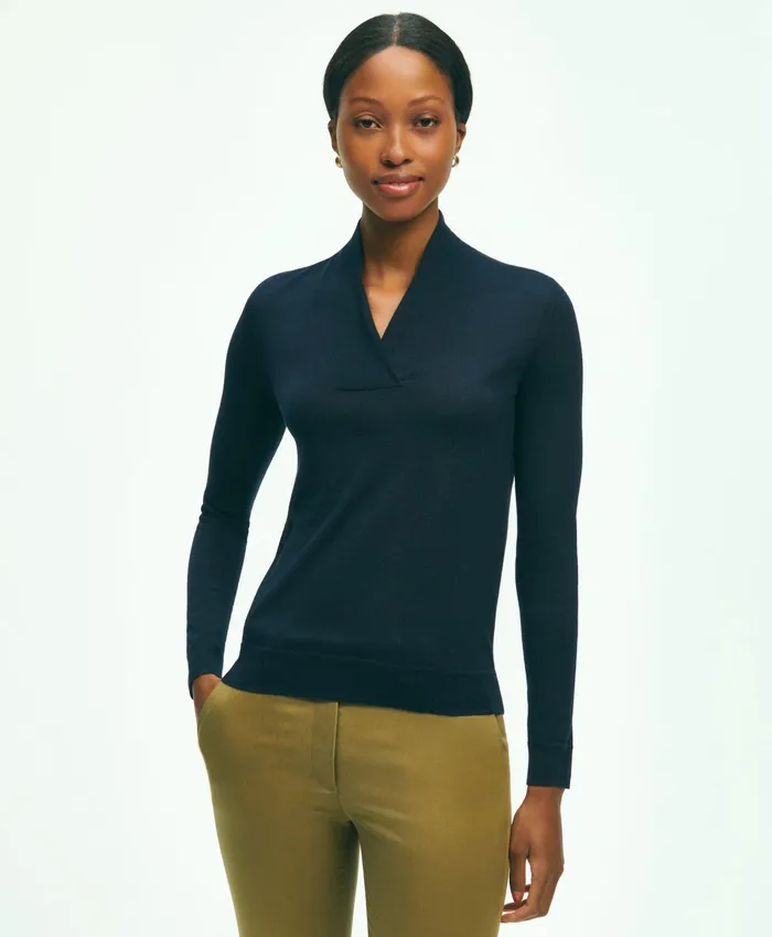 Women SilkCashmere ShawlCollar Sweater Dark Navy Brooks Brothers Sweaters