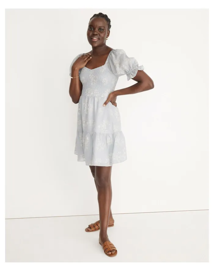 Women Silk Lucie Smocked Mini Dress In Moody Blooms Dusty Pool Madewell Dresses