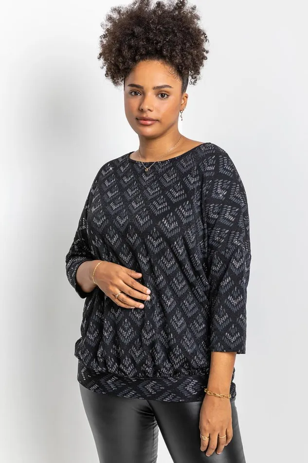 Women Silver Curve Glitter Print Blouson Top Roman Tops
