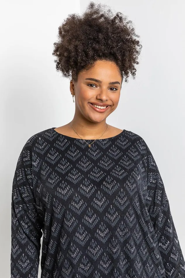 Women Silver Curve Glitter Print Blouson Top Roman Tops