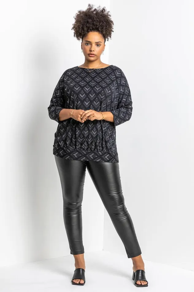 Women Silver Curve Glitter Print Blouson Top Roman Tops