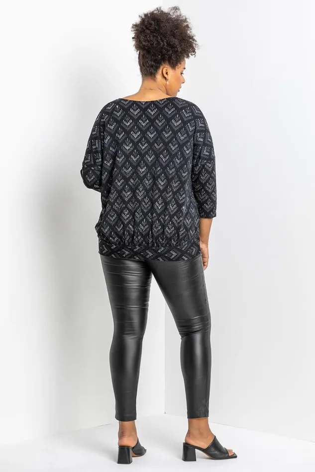 Women Silver Curve Glitter Print Blouson Top Roman Tops