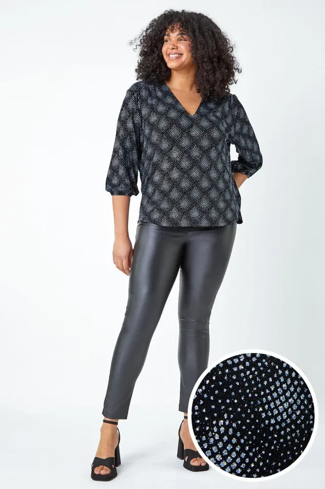 Women Silver Curve Glitter Sparkle Tunic Top Roman Tops