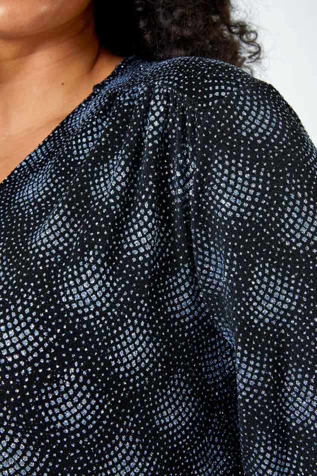 Women Silver Curve Glitter Sparkle Tunic Top Roman Tops