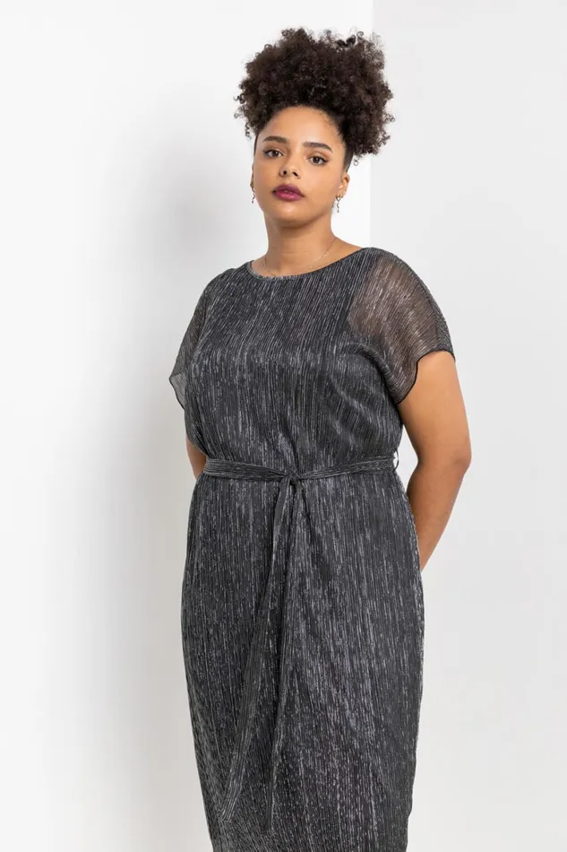 Women Silver Curve Metallic Plisse Midi Dress Roman Dresses