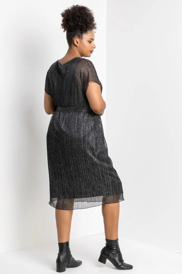 Women Silver Curve Metallic Plisse Midi Dress Roman Dresses