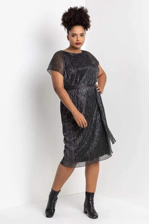 Women Silver Curve Metallic Plisse Midi Dress Roman Dresses