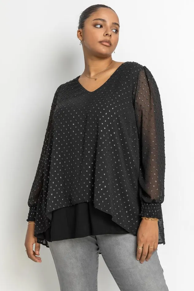 Women Silver Curve Metallic Textured Spot Blouse Roman Tops