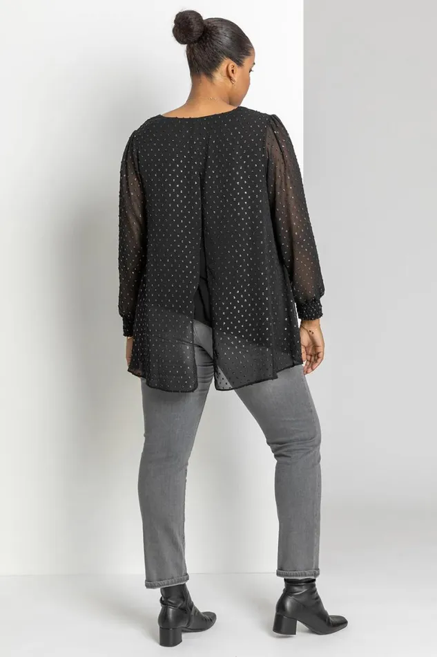 Women Silver Curve Metallic Textured Spot Blouse Roman Tops
