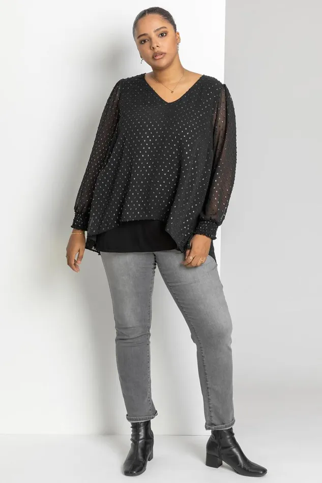 Women Silver Curve Metallic Textured Spot Blouse Roman Tops