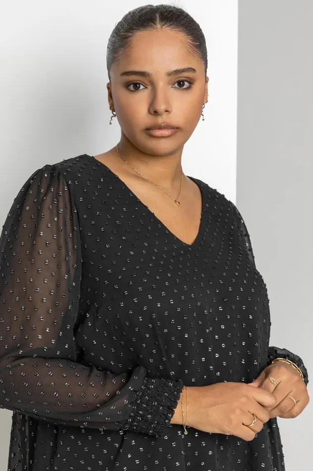 Women Silver Curve Metallic Textured Spot Blouse Roman Tops