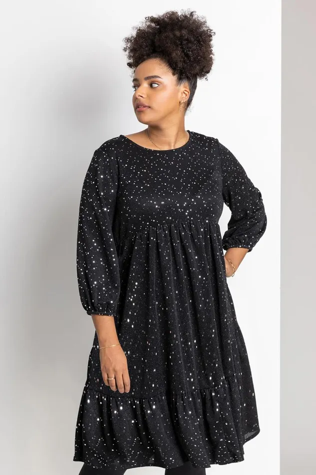 Women Silver Curve Shimmer Tiered Shift Dress Roman Dresses