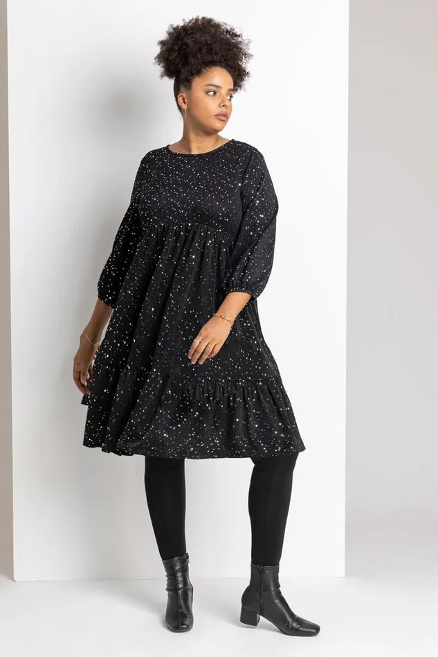 Women Silver Curve Shimmer Tiered Shift Dress Roman Dresses