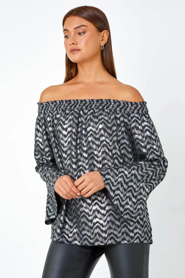 Women Silver Metallic ZigZag Print Bardot Top Roman Tops